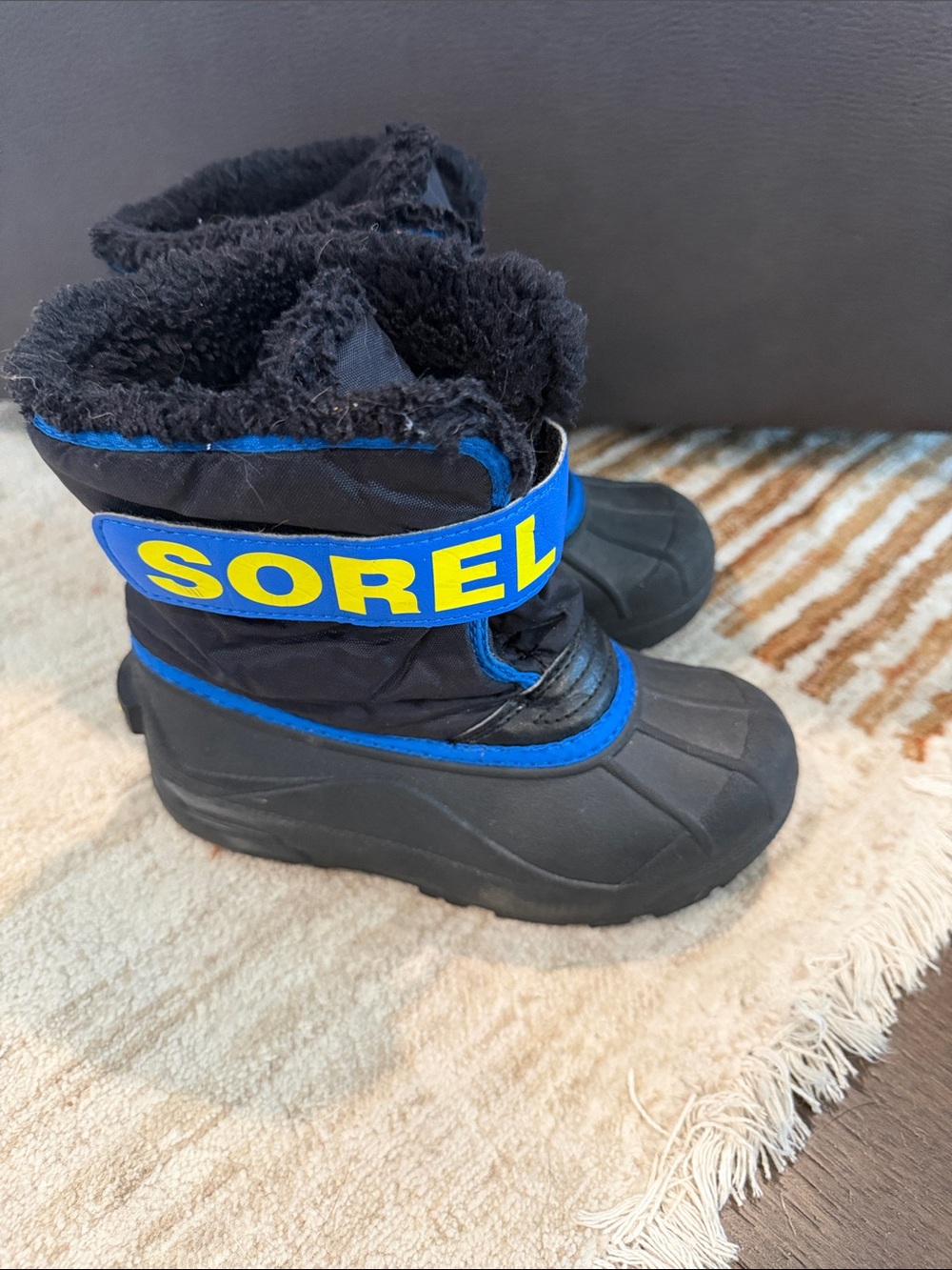 Sorel Kids Black and Blue Waterproof Snow Boots with Yellow Logo